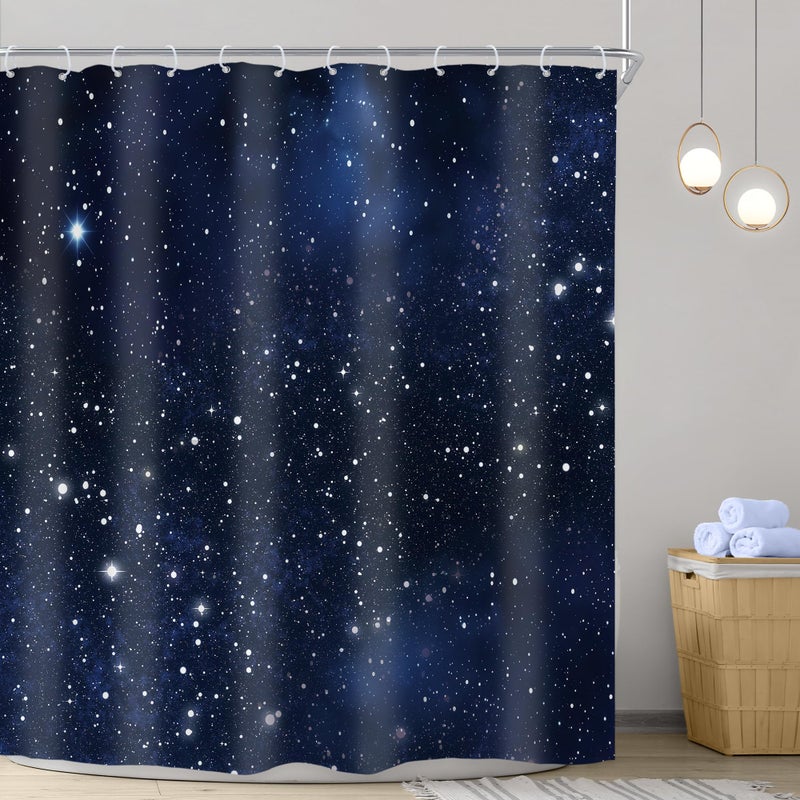 Riyidecor Night Sky Space Shower Curtain (No Glitter) Star Bathroom Decor 72Wx72H Inch Galaxy Starry Dark Blue Cosmic Fantasy Universe Nebula Outer Space Fabric Waterproof 12 Plastic Hooks - Image 2